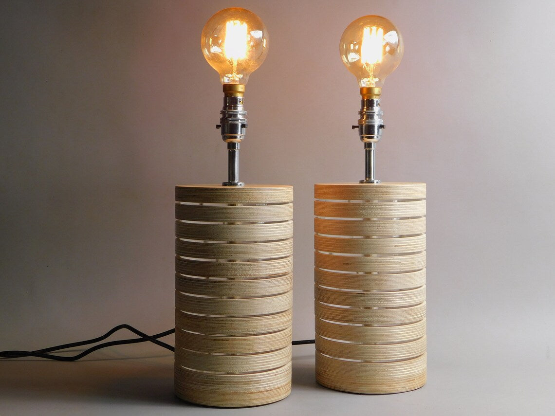 Handmade birch plywood table lamp base with modern stacked design