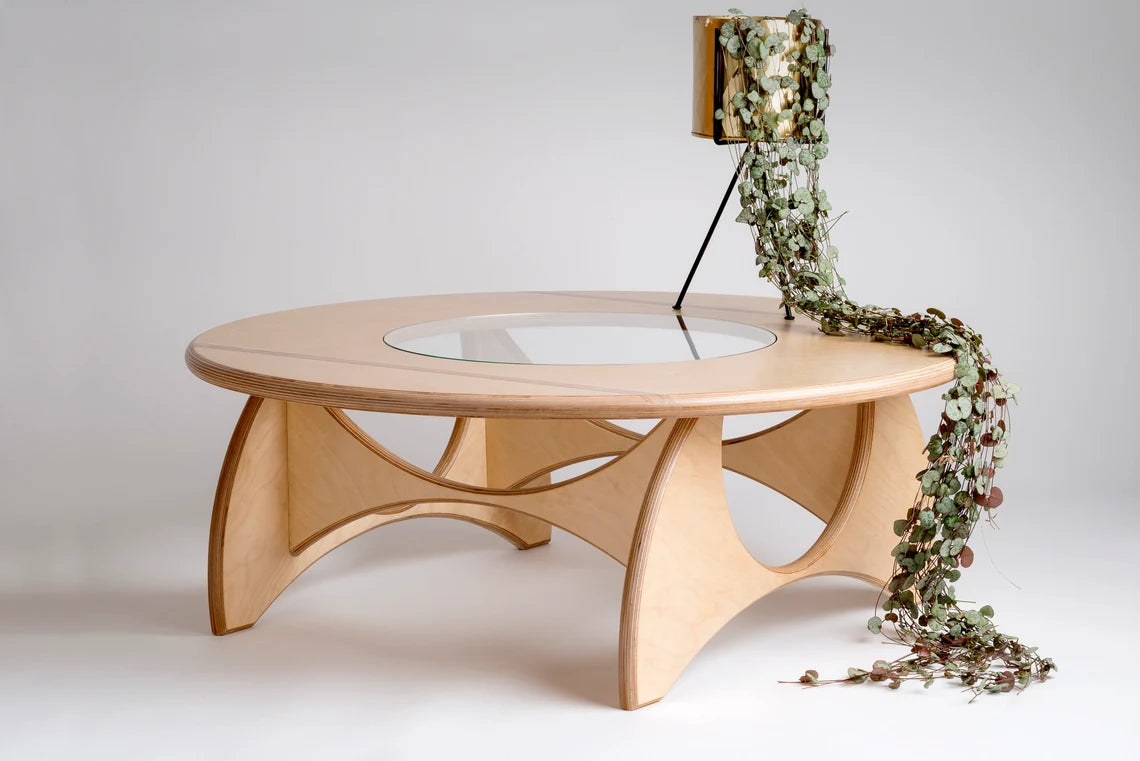 Beautiful birch wood coffee table with a minimalist modern design.