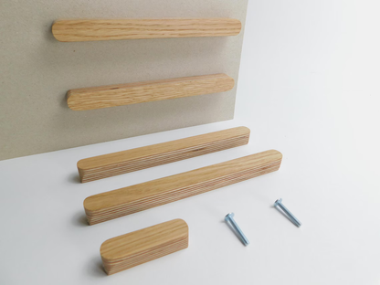 Custom-sized oak veneer handles for kitchen cabinets