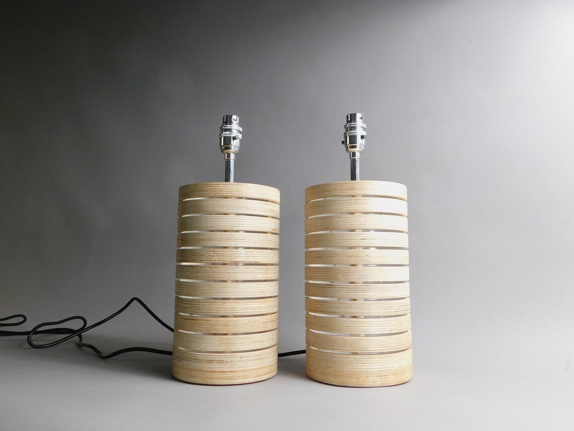 Industrial-style wooden table lamp base designed for exposed bulbs