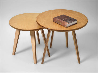 Modern round wood nesting table pair for versatile use