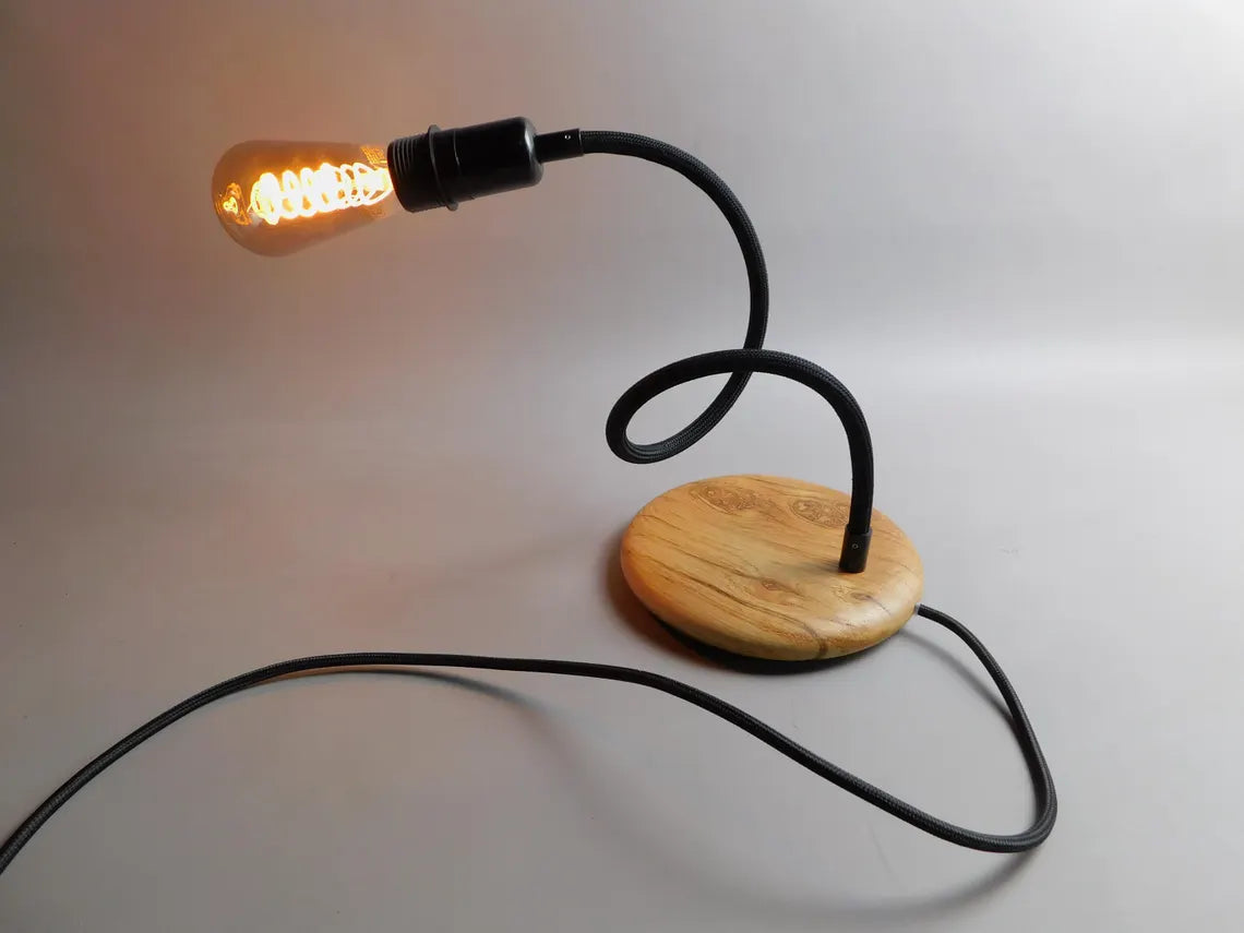 Wooden base desk lamp featuring a metal lampshade